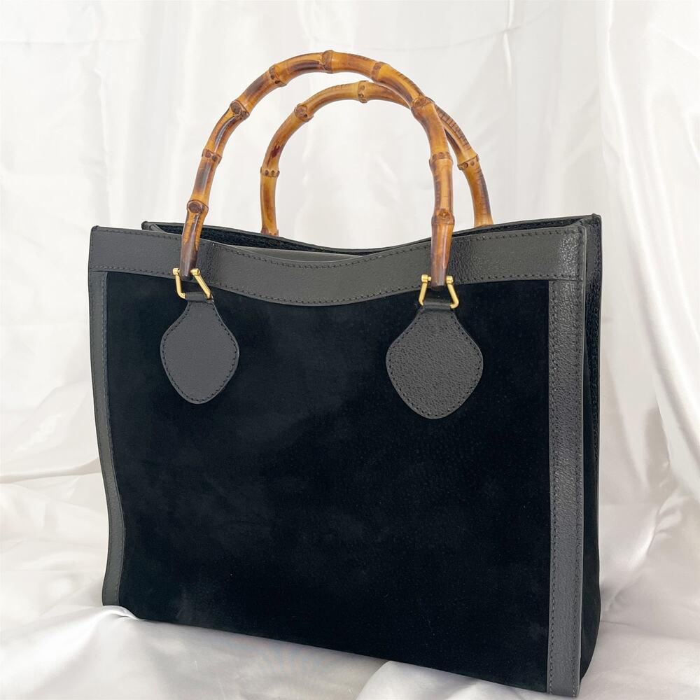 GUCCI Bamboo Diana Vintage Tote Bag Black Suede Leather Top Handles 1990s - Picture 9 of 17